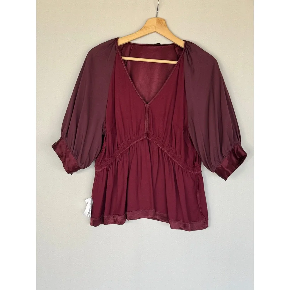 Madewell Burgundy Cabernet Satin V Neck Shirred Puff Sleeve Peplum Top X-Large